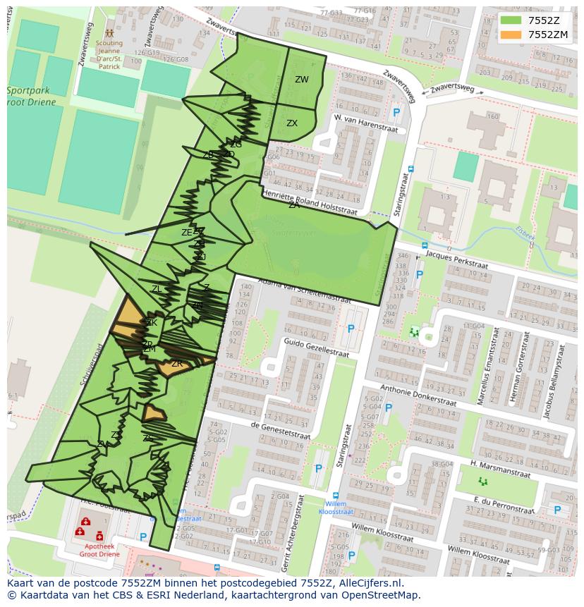 Afbeelding van het postcodegebied 7552 ZM op de kaart.