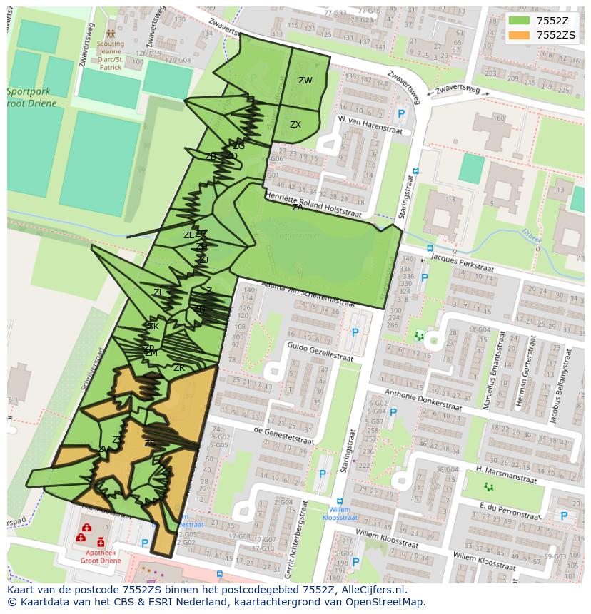 Afbeelding van het postcodegebied 7552 ZS op de kaart.