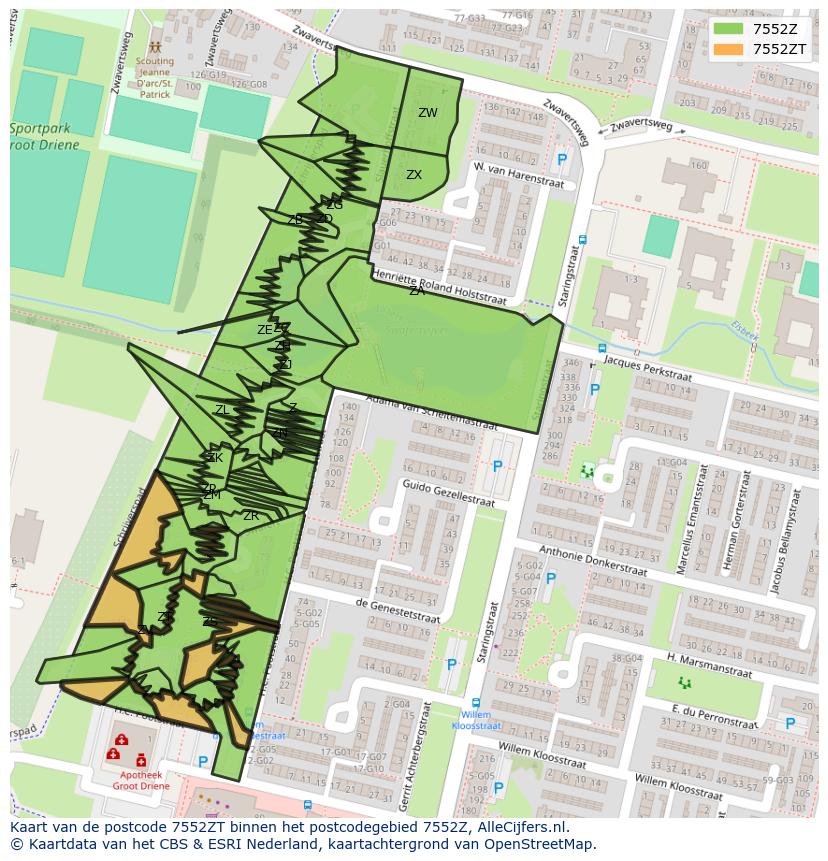 Afbeelding van het postcodegebied 7552 ZT op de kaart.
