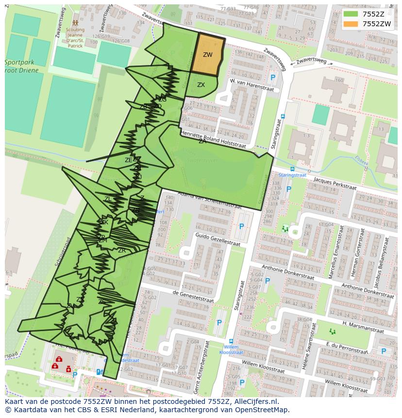 Afbeelding van het postcodegebied 7552 ZW op de kaart.