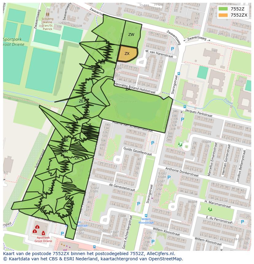 Afbeelding van het postcodegebied 7552 ZX op de kaart.