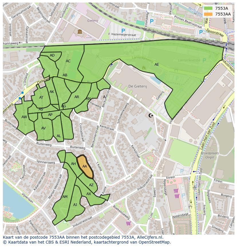 Afbeelding van het postcodegebied 7553 AA op de kaart.