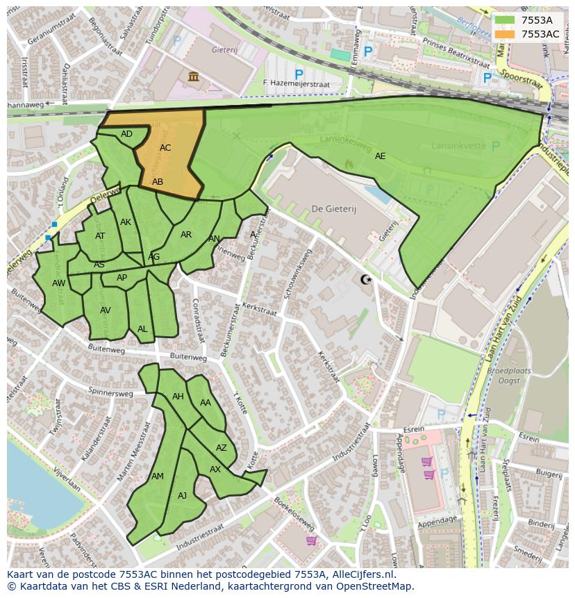 Afbeelding van het postcodegebied 7553 AC op de kaart.