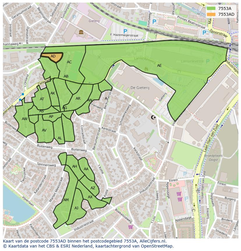 Afbeelding van het postcodegebied 7553 AD op de kaart.