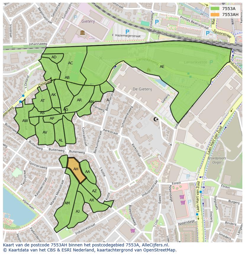 Afbeelding van het postcodegebied 7553 AH op de kaart.