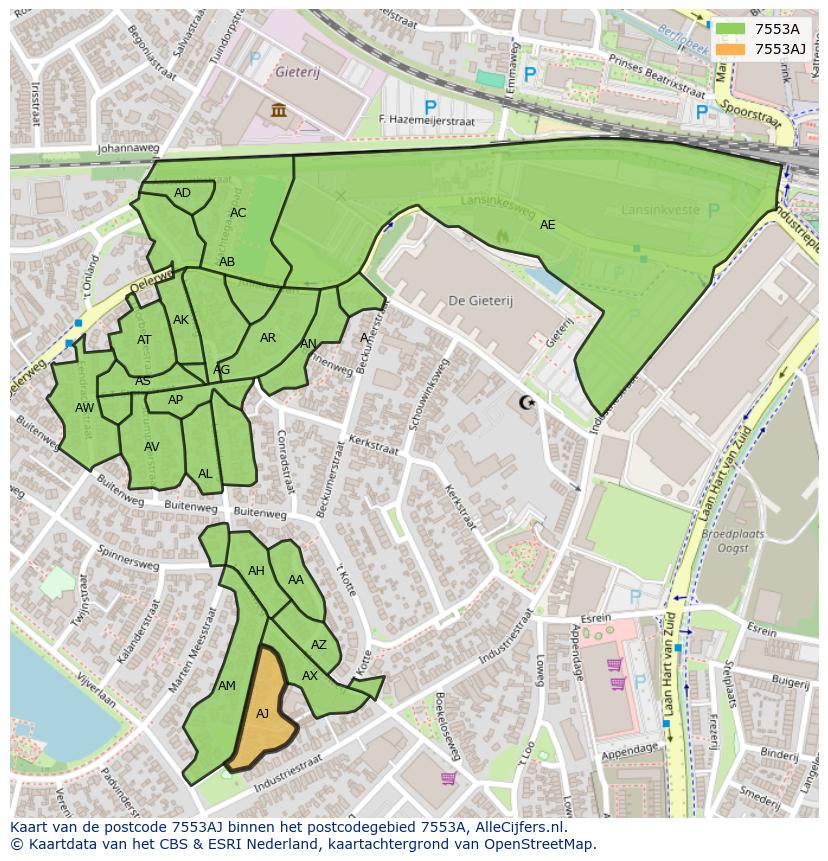 Afbeelding van het postcodegebied 7553 AJ op de kaart.