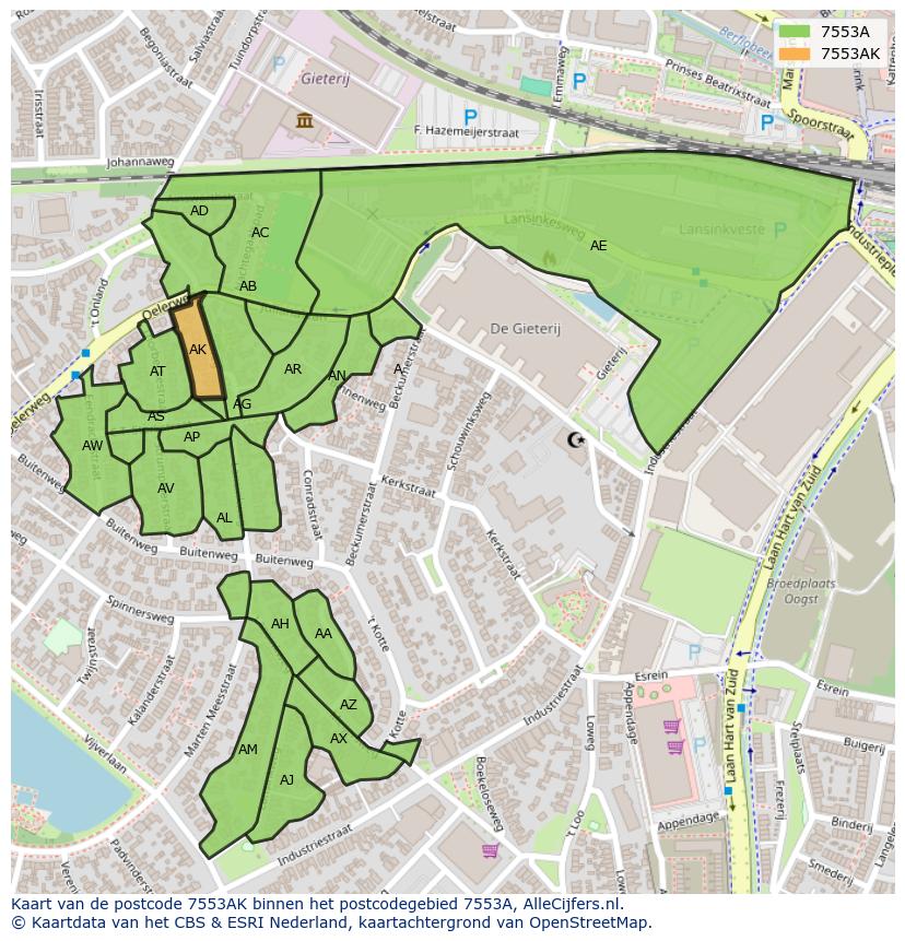 Afbeelding van het postcodegebied 7553 AK op de kaart.