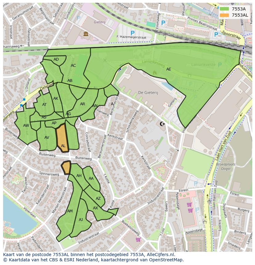 Afbeelding van het postcodegebied 7553 AL op de kaart.