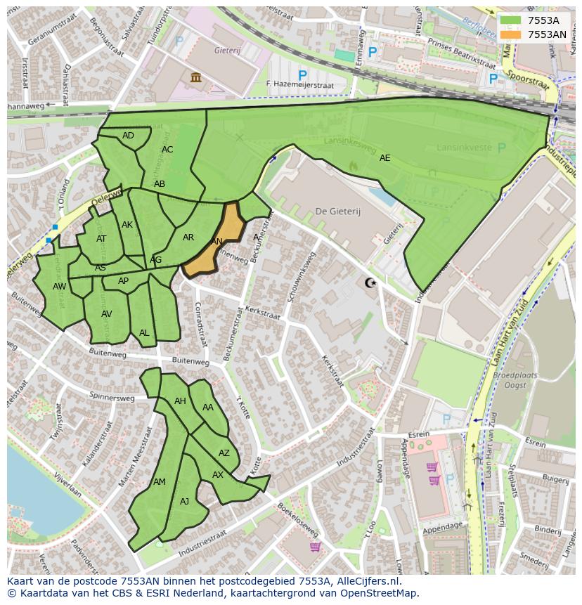 Afbeelding van het postcodegebied 7553 AN op de kaart.