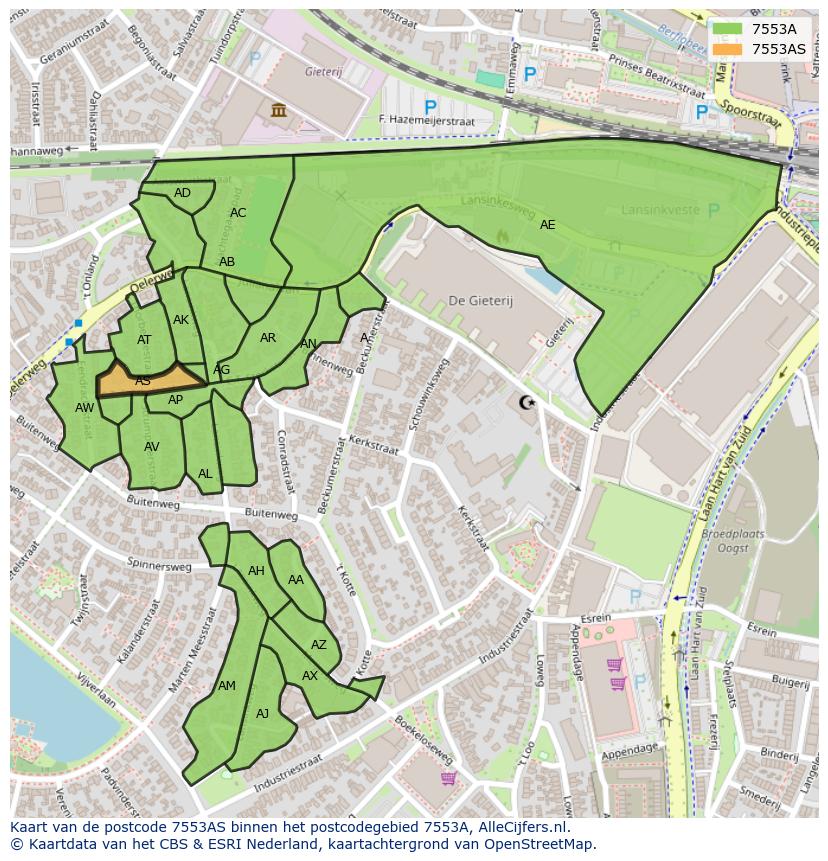 Afbeelding van het postcodegebied 7553 AS op de kaart.