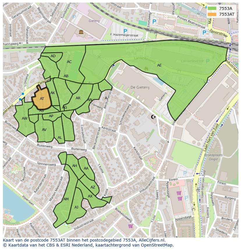 Afbeelding van het postcodegebied 7553 AT op de kaart.