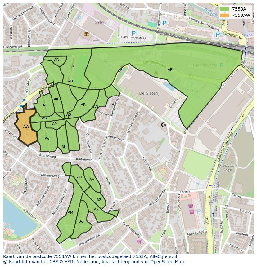 Afbeelding van het postcodegebied 7553 AW op de kaart.