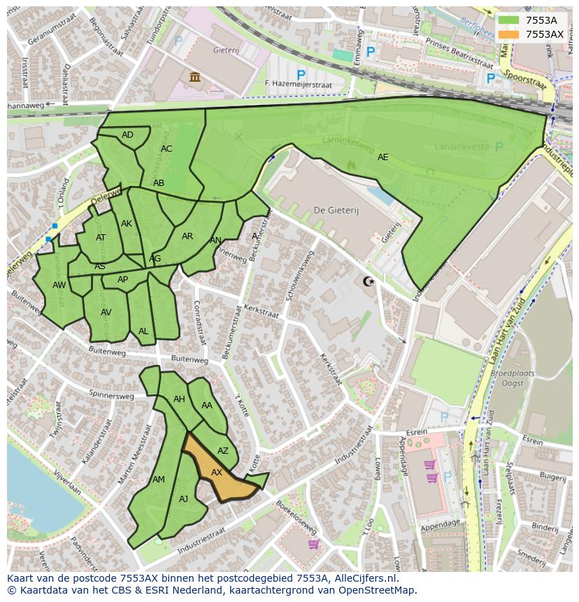 Afbeelding van het postcodegebied 7553 AX op de kaart.