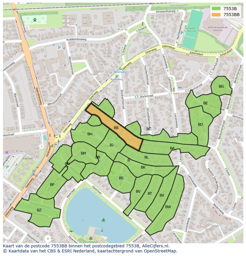 Afbeelding van het postcodegebied 7553 BB op de kaart.