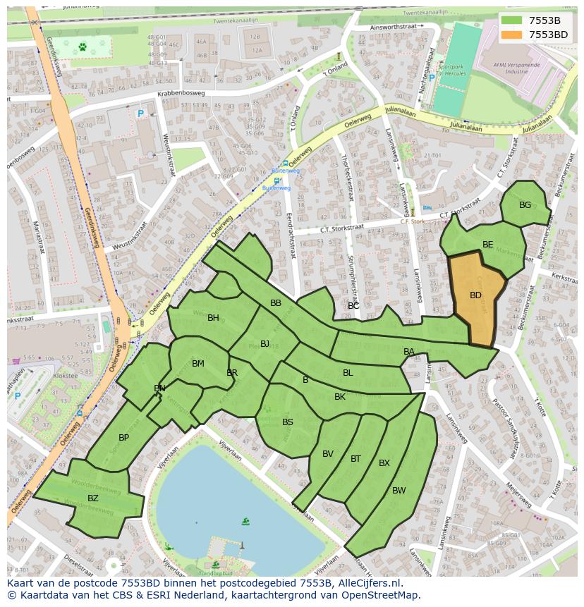 Afbeelding van het postcodegebied 7553 BD op de kaart.