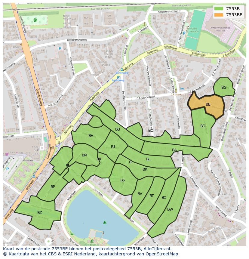 Afbeelding van het postcodegebied 7553 BE op de kaart.