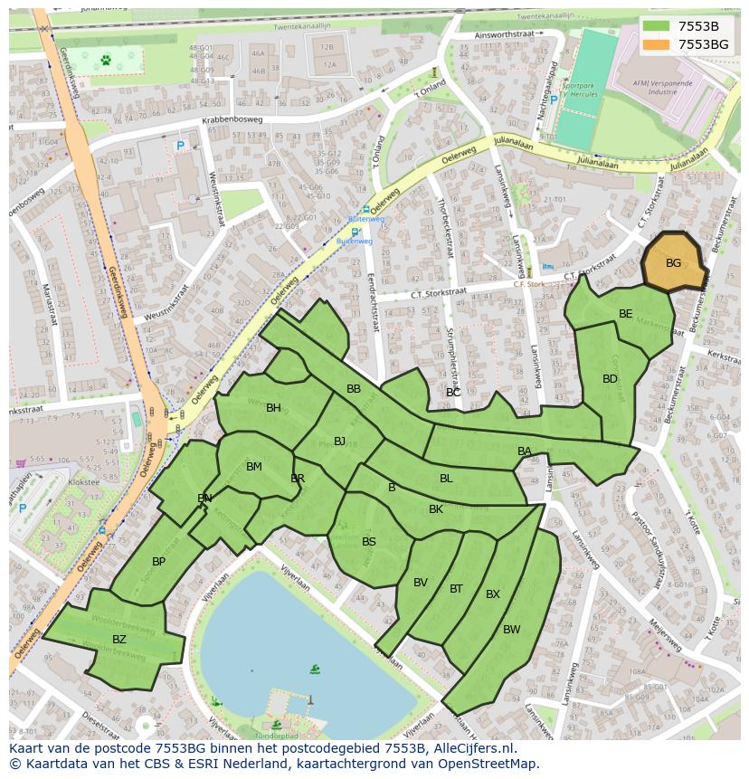Afbeelding van het postcodegebied 7553 BG op de kaart.