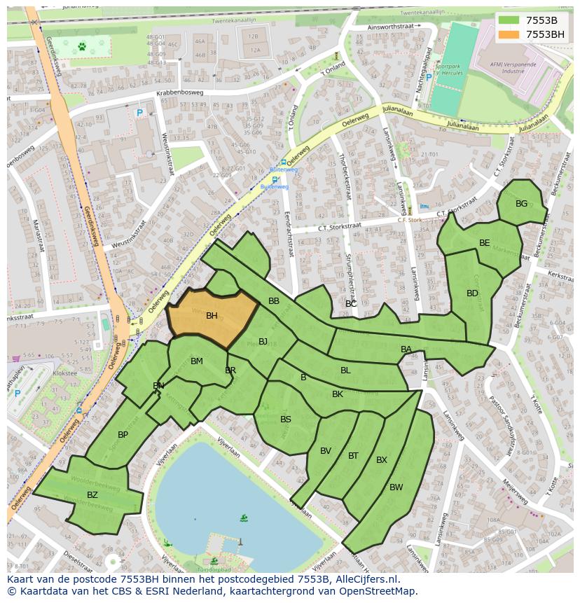 Afbeelding van het postcodegebied 7553 BH op de kaart.