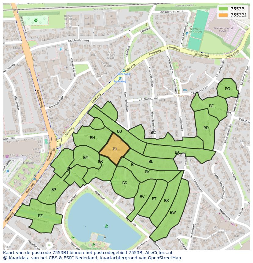 Afbeelding van het postcodegebied 7553 BJ op de kaart.