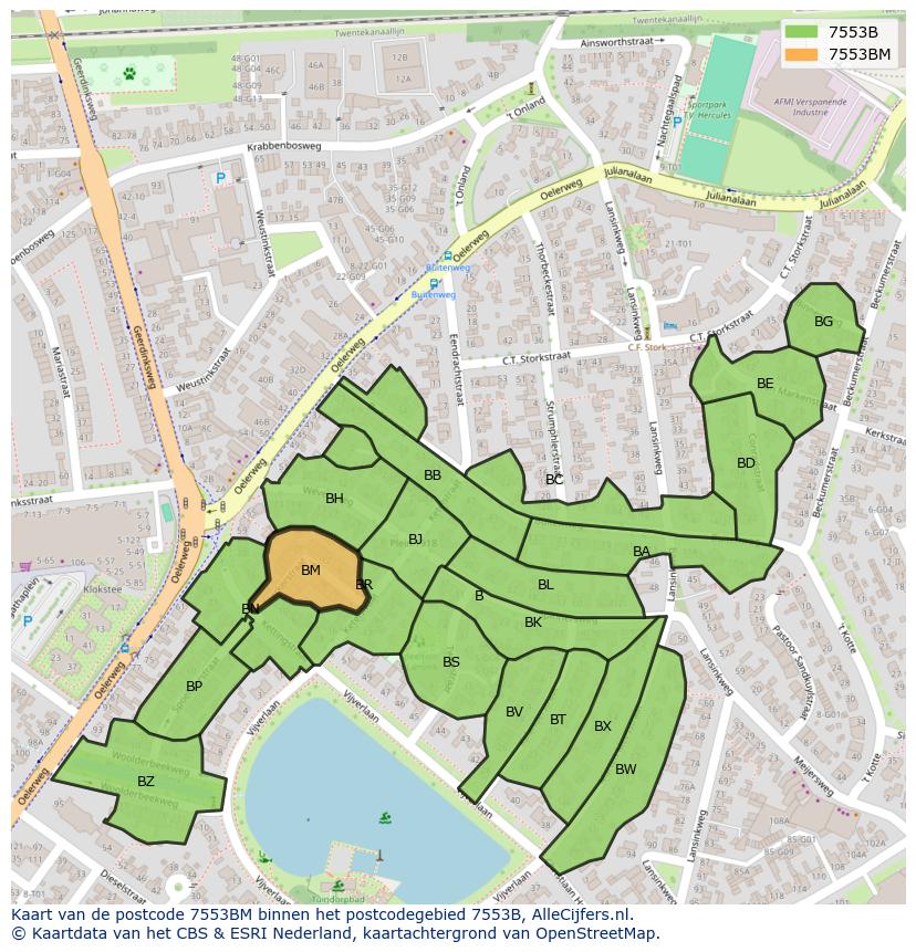 Afbeelding van het postcodegebied 7553 BM op de kaart.