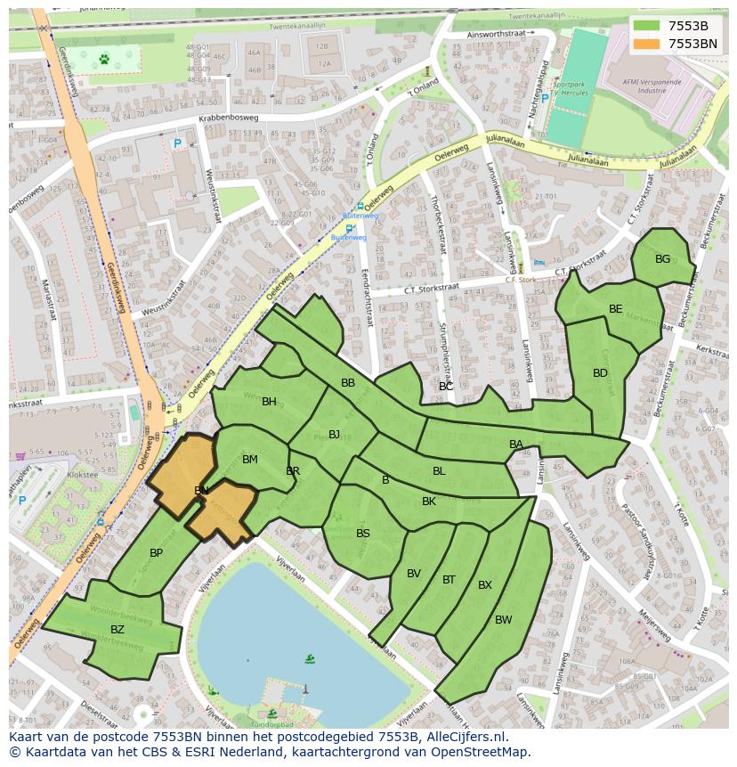 Afbeelding van het postcodegebied 7553 BN op de kaart.