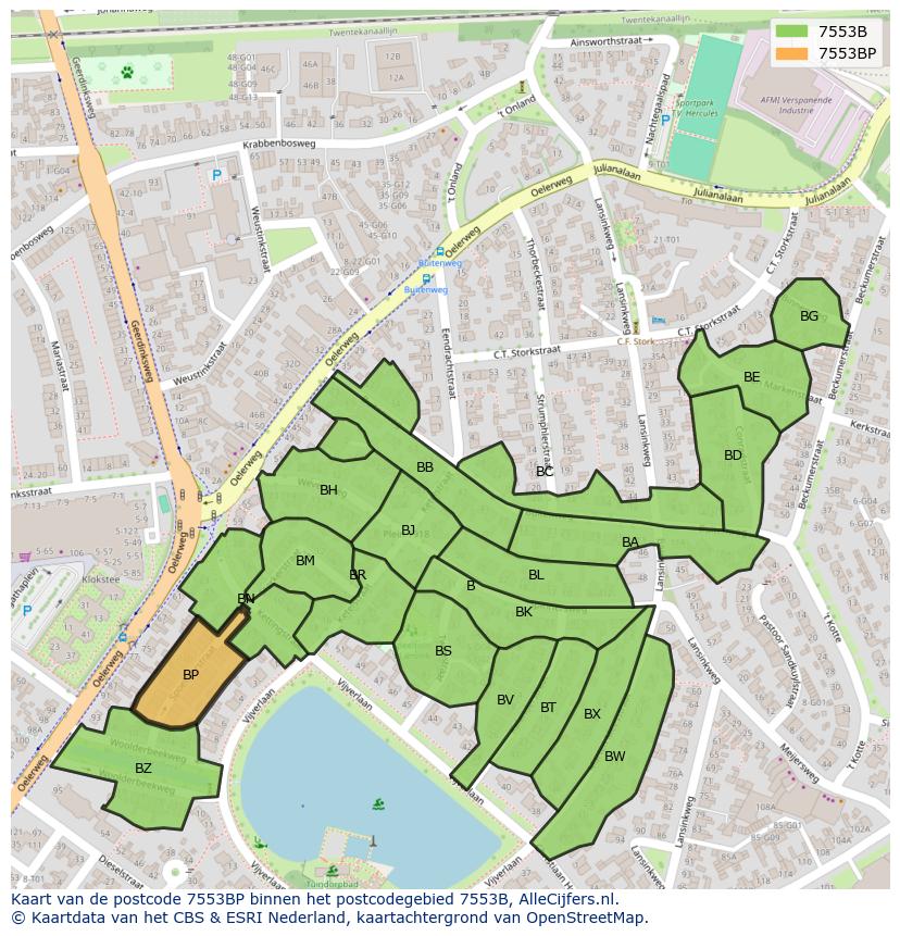 Afbeelding van het postcodegebied 7553 BP op de kaart.