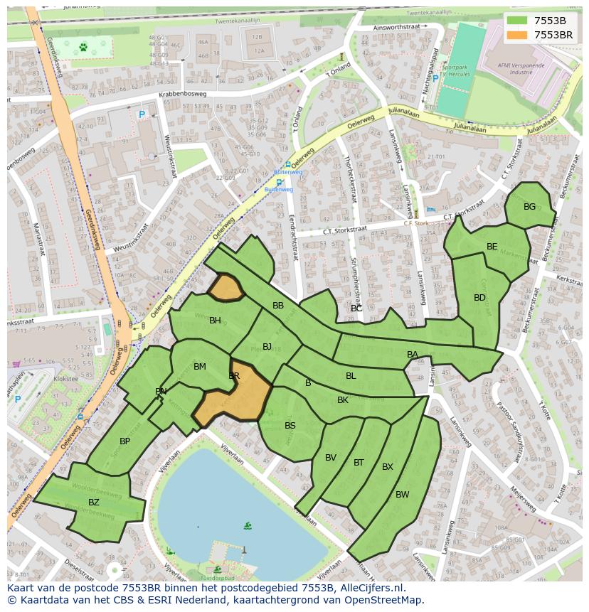 Afbeelding van het postcodegebied 7553 BR op de kaart.