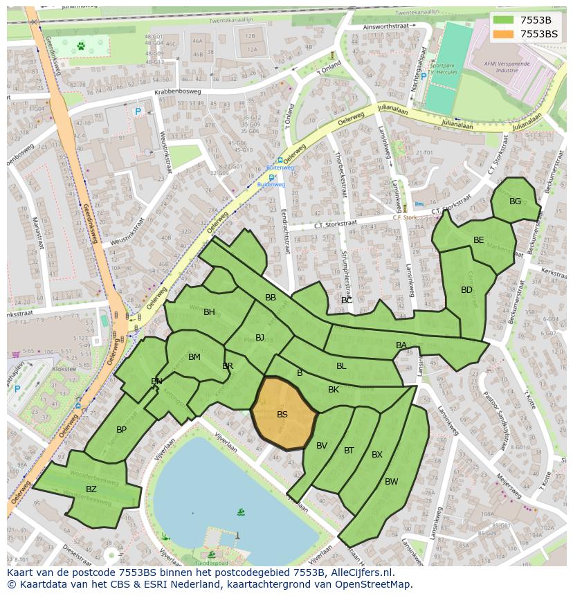 Afbeelding van het postcodegebied 7553 BS op de kaart.