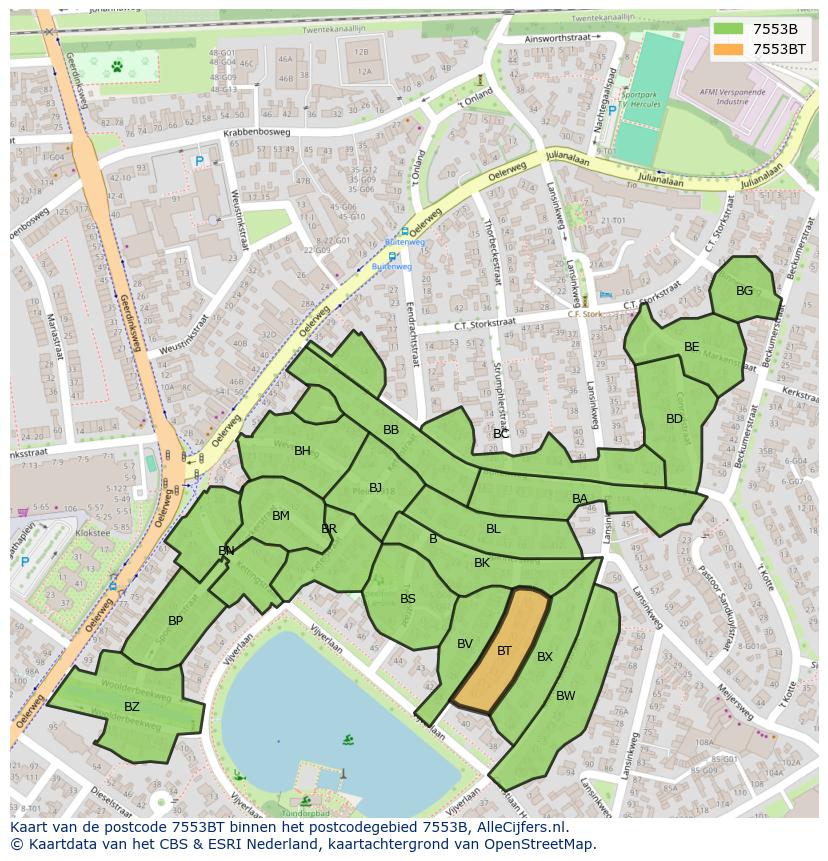 Afbeelding van het postcodegebied 7553 BT op de kaart.