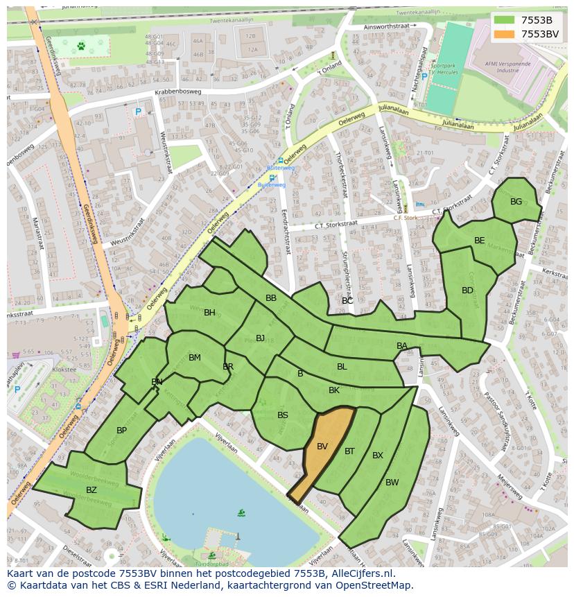Afbeelding van het postcodegebied 7553 BV op de kaart.