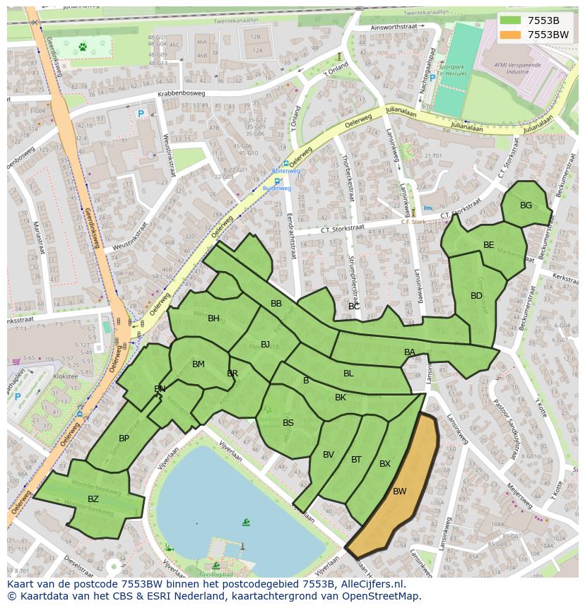 Afbeelding van het postcodegebied 7553 BW op de kaart.