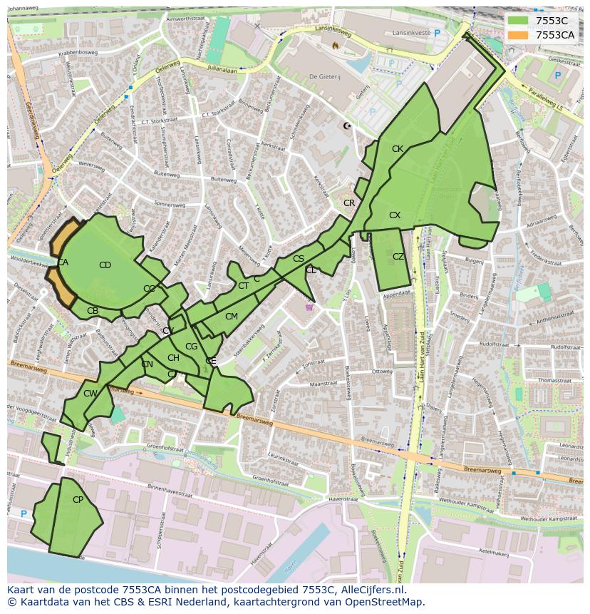 Afbeelding van het postcodegebied 7553 CA op de kaart.