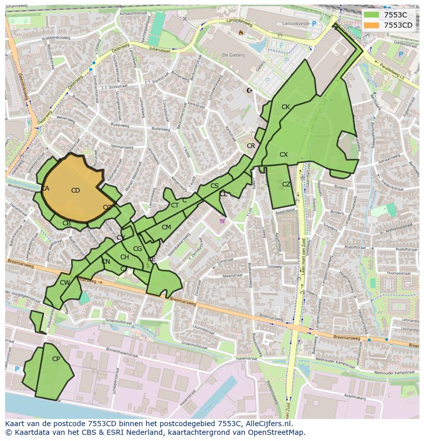 Afbeelding van het postcodegebied 7553 CD op de kaart.