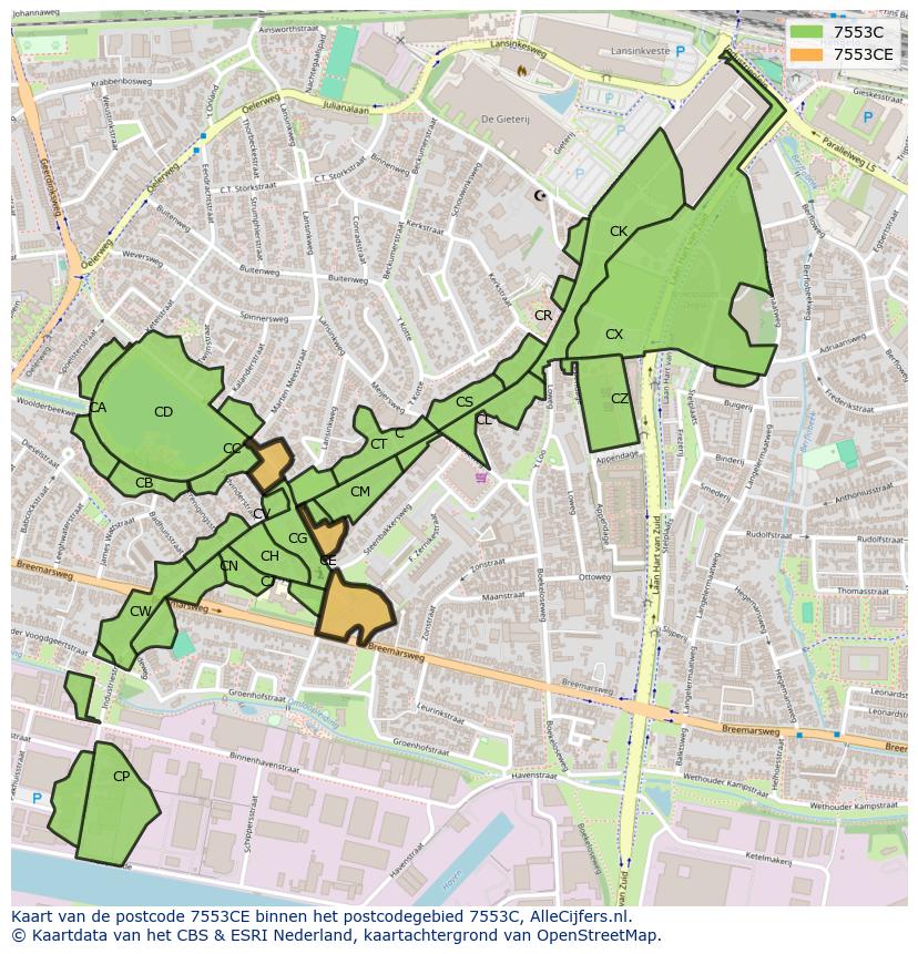 Afbeelding van het postcodegebied 7553 CE op de kaart.
