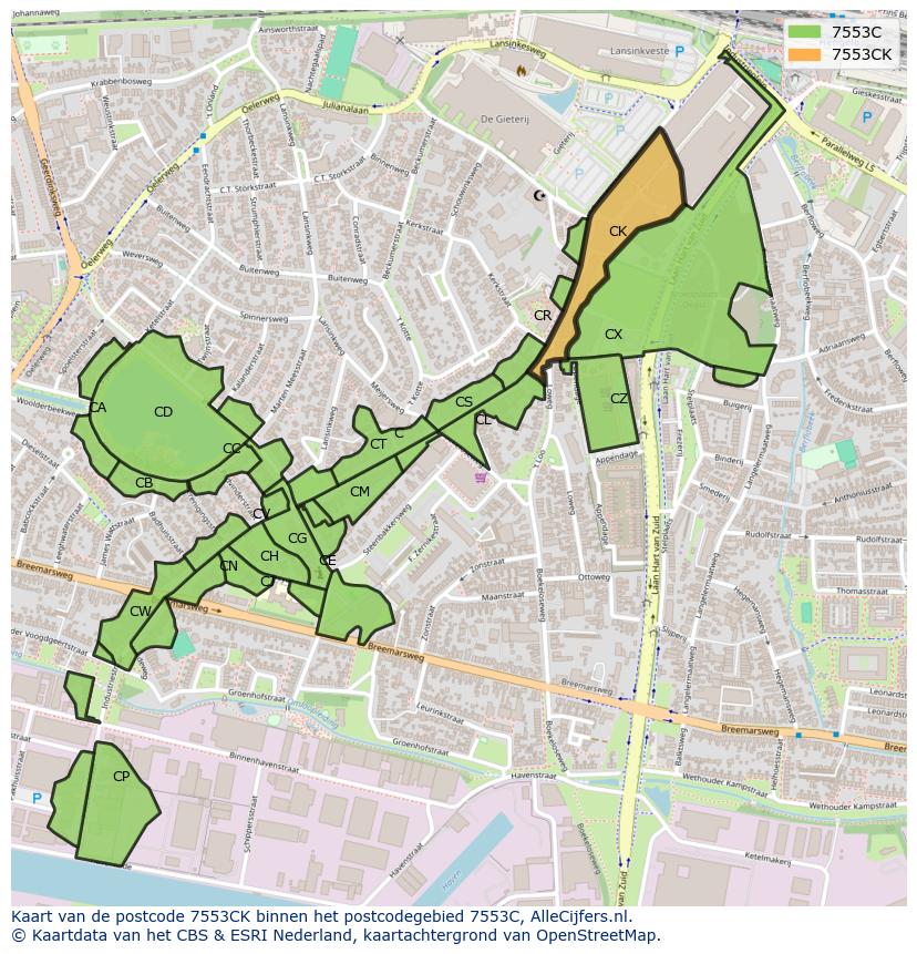 Afbeelding van het postcodegebied 7553 CK op de kaart.
