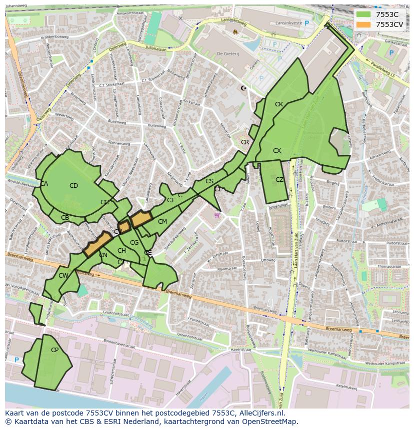 Afbeelding van het postcodegebied 7553 CV op de kaart.