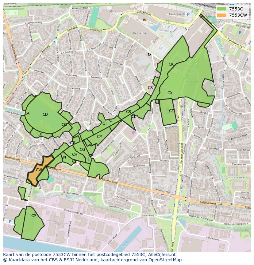 Afbeelding van het postcodegebied 7553 CW op de kaart.