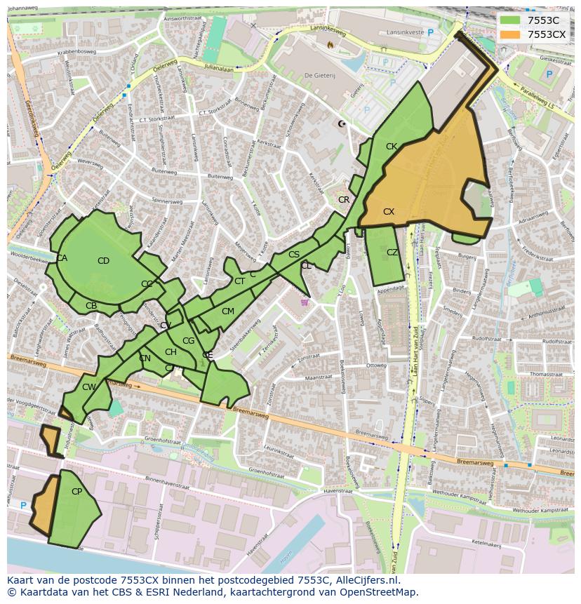 Afbeelding van het postcodegebied 7553 CX op de kaart.