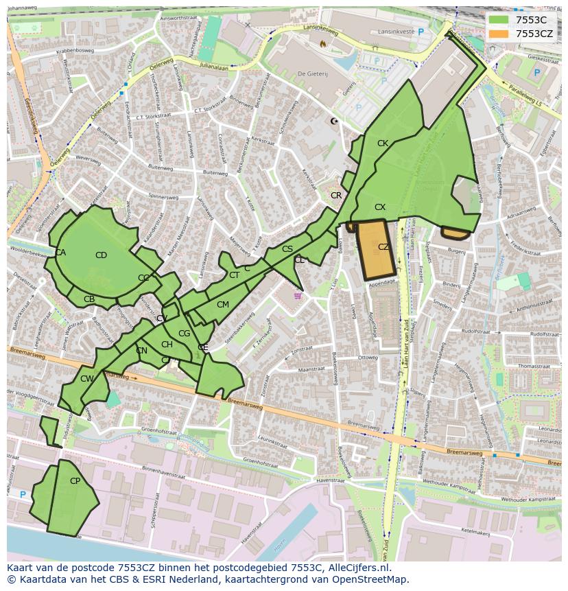 Afbeelding van het postcodegebied 7553 CZ op de kaart.
