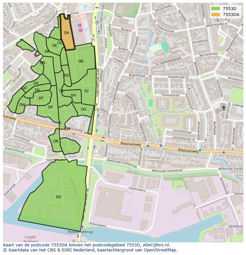 Afbeelding van het postcodegebied 7553 DA op de kaart.