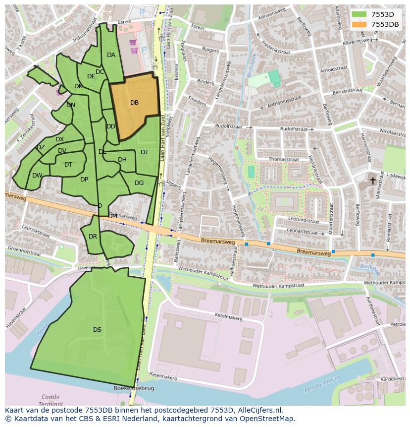 Afbeelding van het postcodegebied 7553 DB op de kaart.
