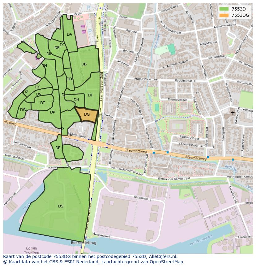 Afbeelding van het postcodegebied 7553 DG op de kaart.
