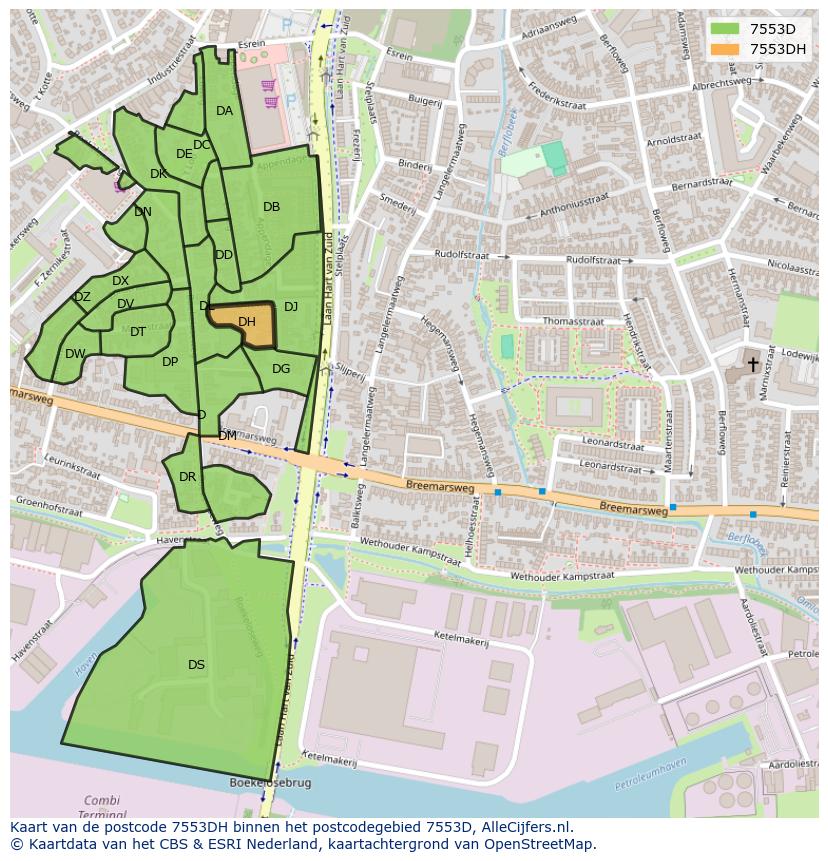 Afbeelding van het postcodegebied 7553 DH op de kaart.