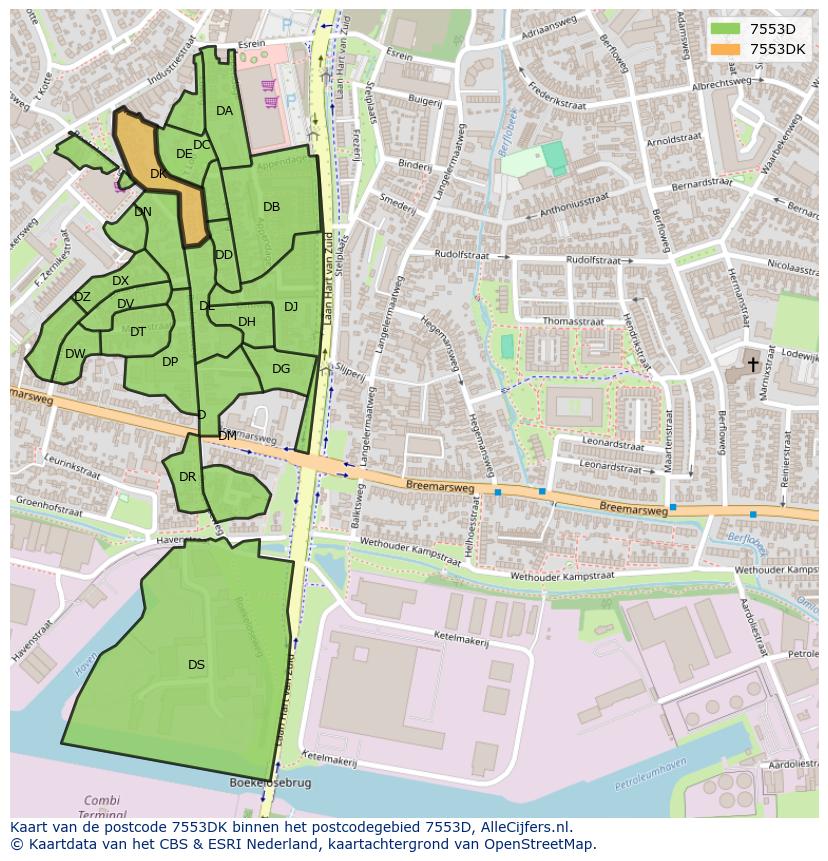 Afbeelding van het postcodegebied 7553 DK op de kaart.