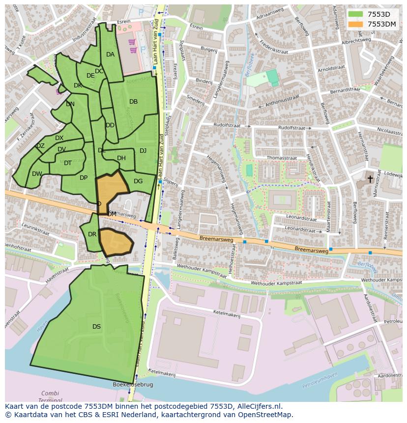 Afbeelding van het postcodegebied 7553 DM op de kaart.