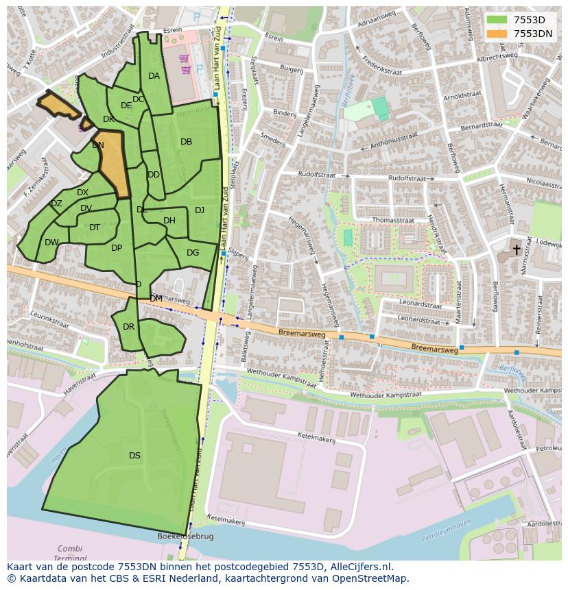 Afbeelding van het postcodegebied 7553 DN op de kaart.