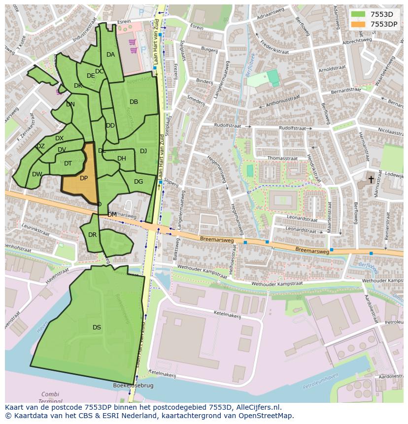 Afbeelding van het postcodegebied 7553 DP op de kaart.