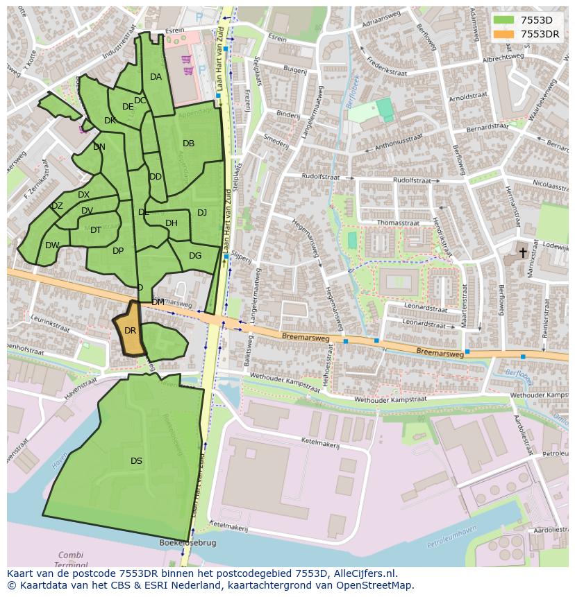 Afbeelding van het postcodegebied 7553 DR op de kaart.