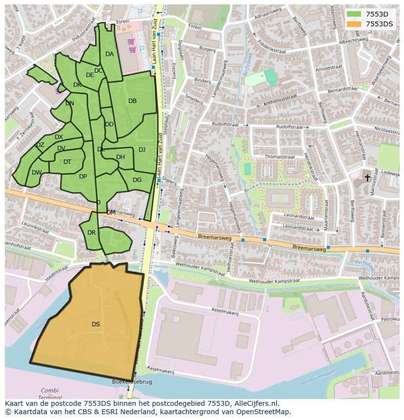 Afbeelding van het postcodegebied 7553 DS op de kaart.