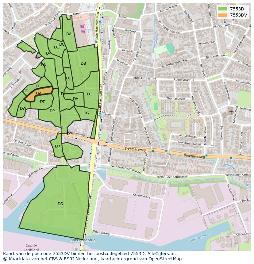 Afbeelding van het postcodegebied 7553 DV op de kaart.